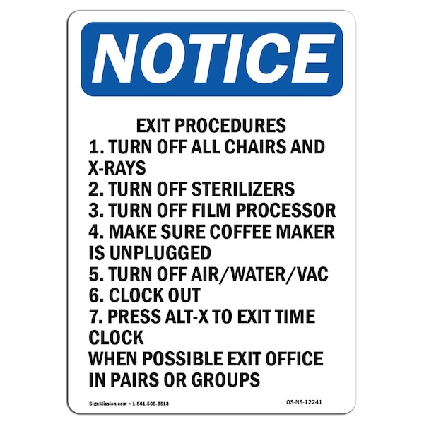 OSHA Sign, Exit Procedures 1. Turn Off All, 5in X 3.5in Decal, 10PK, 3.5"W, 5" L, Portrait, PK10